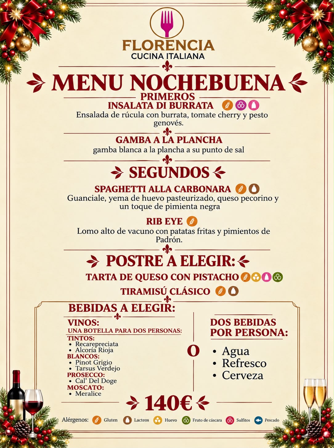 Cena de Nochebuena Madrid 2026 Barrio Salamanca Restaurante Italiano Florencia