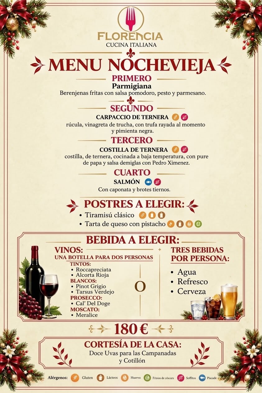 Cena de Nochevieja Madrid 2026 Barrio Salamanca Restaurante Italiano Florencia