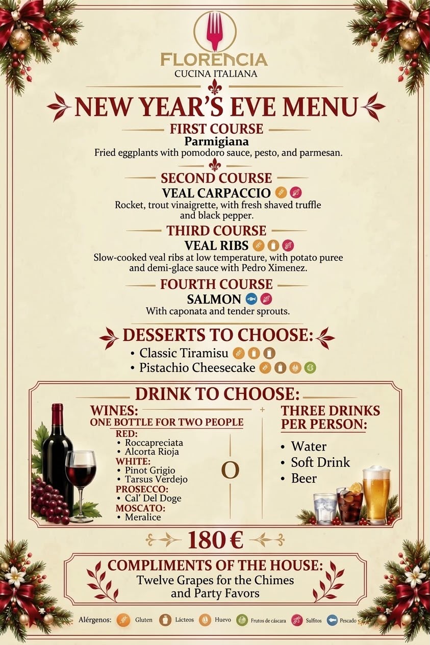New Year's Eve Dinner 2026 Madrid Barrio Salamanca Italian Restaurant Florencia